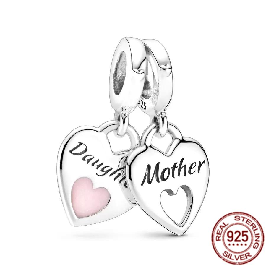 Fine S925 Sterling Silver Love You Mom Double Heart Split Dangle Charm Beads Fit Original  Bracelet DIY Women Jewelry Gift