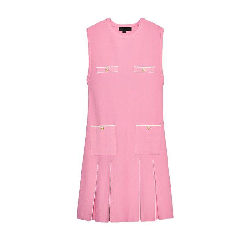 Summer New Product Women's Clothes American Pleated Decorative Sleeveless round Neck Knitting Mini Short Dress 3859025