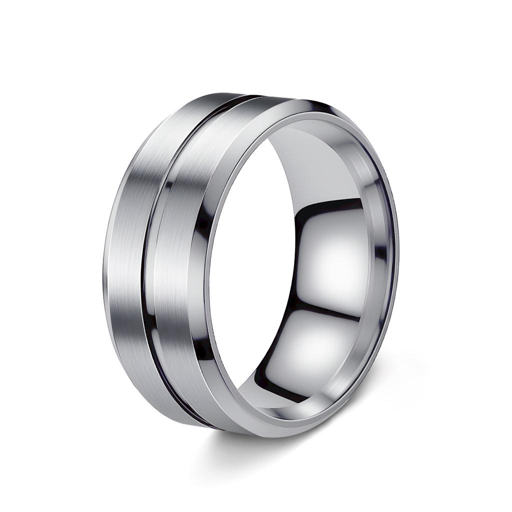 Fashionable 8mm Men's Black Stainless Steel Wedding Ring with Black Groove Beveled Engagement Ring, Suitable for Men's Valentine