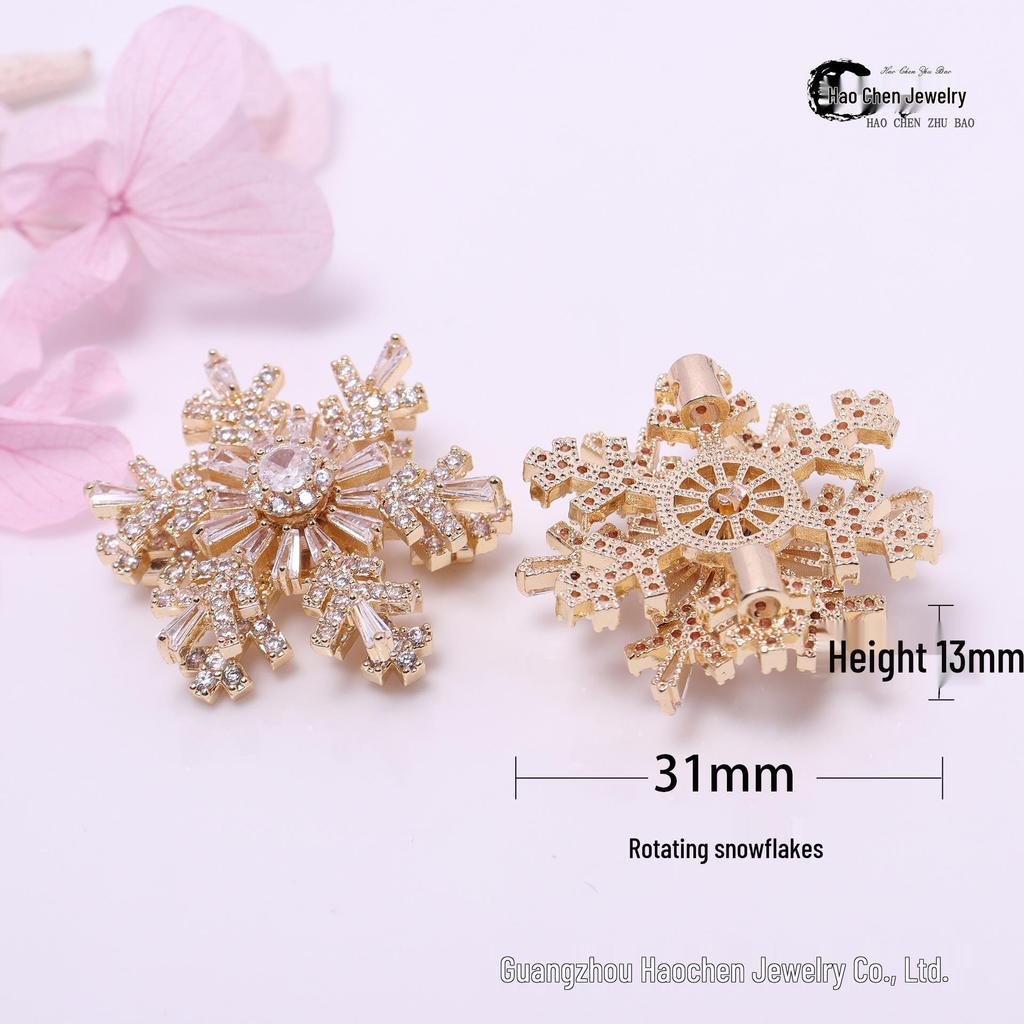 14k Gold Color Retention Rotating Snowflake Zircon Diamond Bracelet Spacer Beads