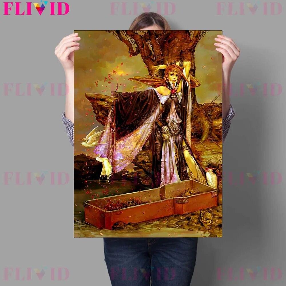Gothic Dark Terror Girl and Terrifying Devil Retro Mural Oil Painting Decoration Crow House Wizard Poster