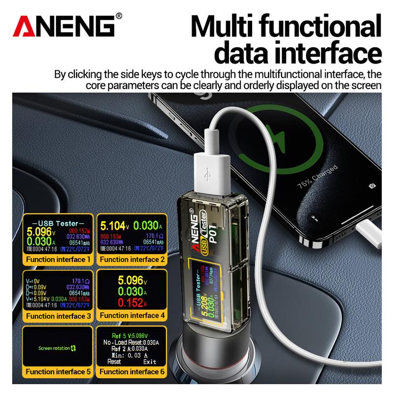 Digital Voltmeter Ammeter ANENG P01 USB Tester Meter 4V-30V Capacity Energy Temperature Fast Power Detector