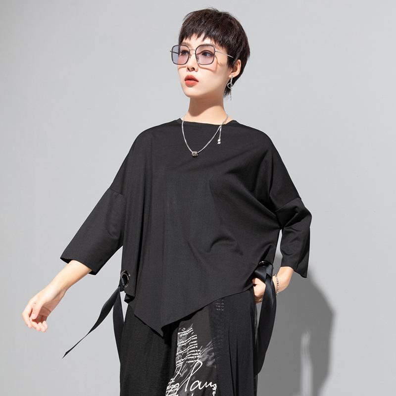 

DIMANAF 2025 Летняя футболка больших размеров для женщин, однотонная асимметричная с коротким рукавом, хлопковая, свободная, черная, топы, футболки, повседневные L чёрный