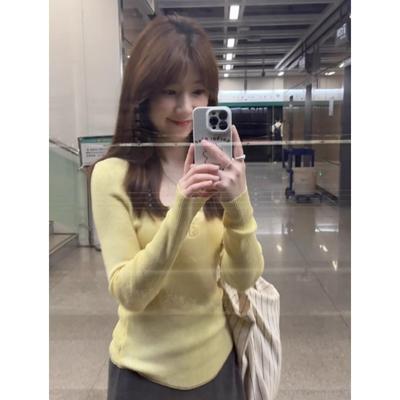 Button Semi-open Neck Slim-fitting Thin Knitted Long-sleeved Women's Spring Inner Cover Spice Girl Slim Bottoming Shirt Basic Top