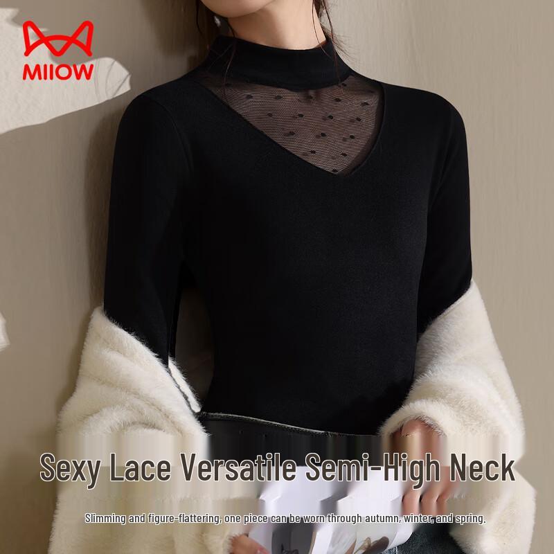 Mao Ren French Elegant Lace Mesh Semi-High Collar Long Sleeve Top