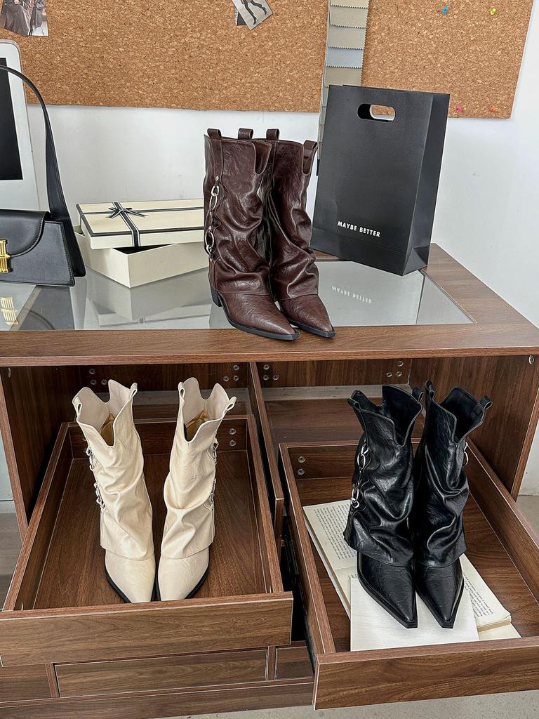 2025 autumn and winter new pointed thick high-heeled trouser boots temperament thin French fashion medium boots women's boots