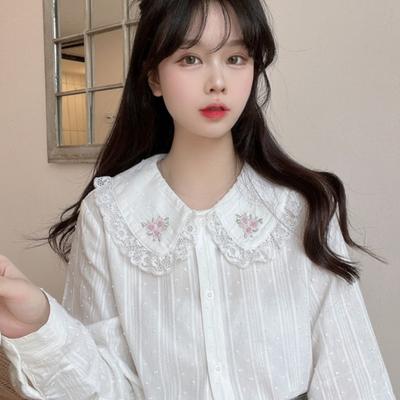 Sweet Top Lolita White Shirt Women Harajuku Lace Ruffles Flower Embroidery Peter Pan Collar Blouses Preppy Style Long Sleeve Y2k Clothes Tops