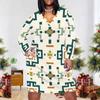 Women Plus Size V Neck Long Sleeve Black White Printed Fitted Straight Midi Dress