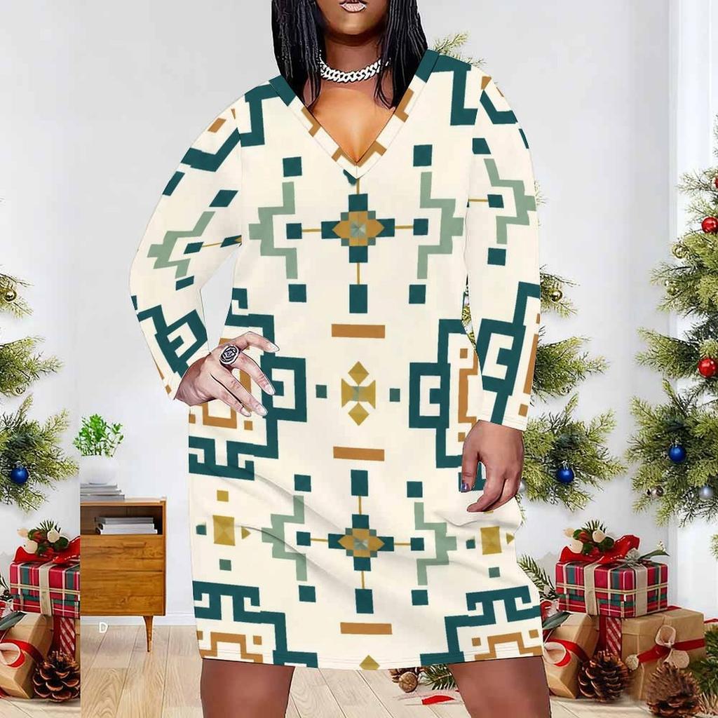 Women Plus Size V Neck Long Sleeve Black White Printed Fitted Straight Midi Dress