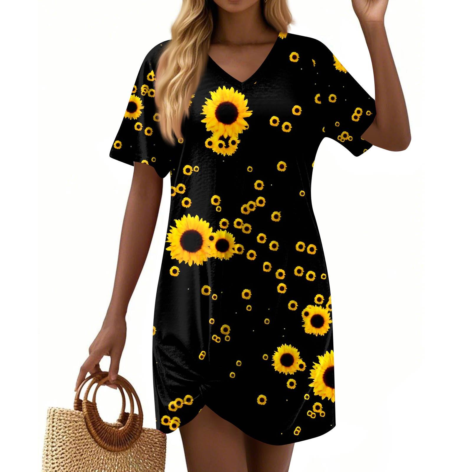 

Женские модные повседневные свободные платья с коротким рукавом и V-образным вырезом L чёрный