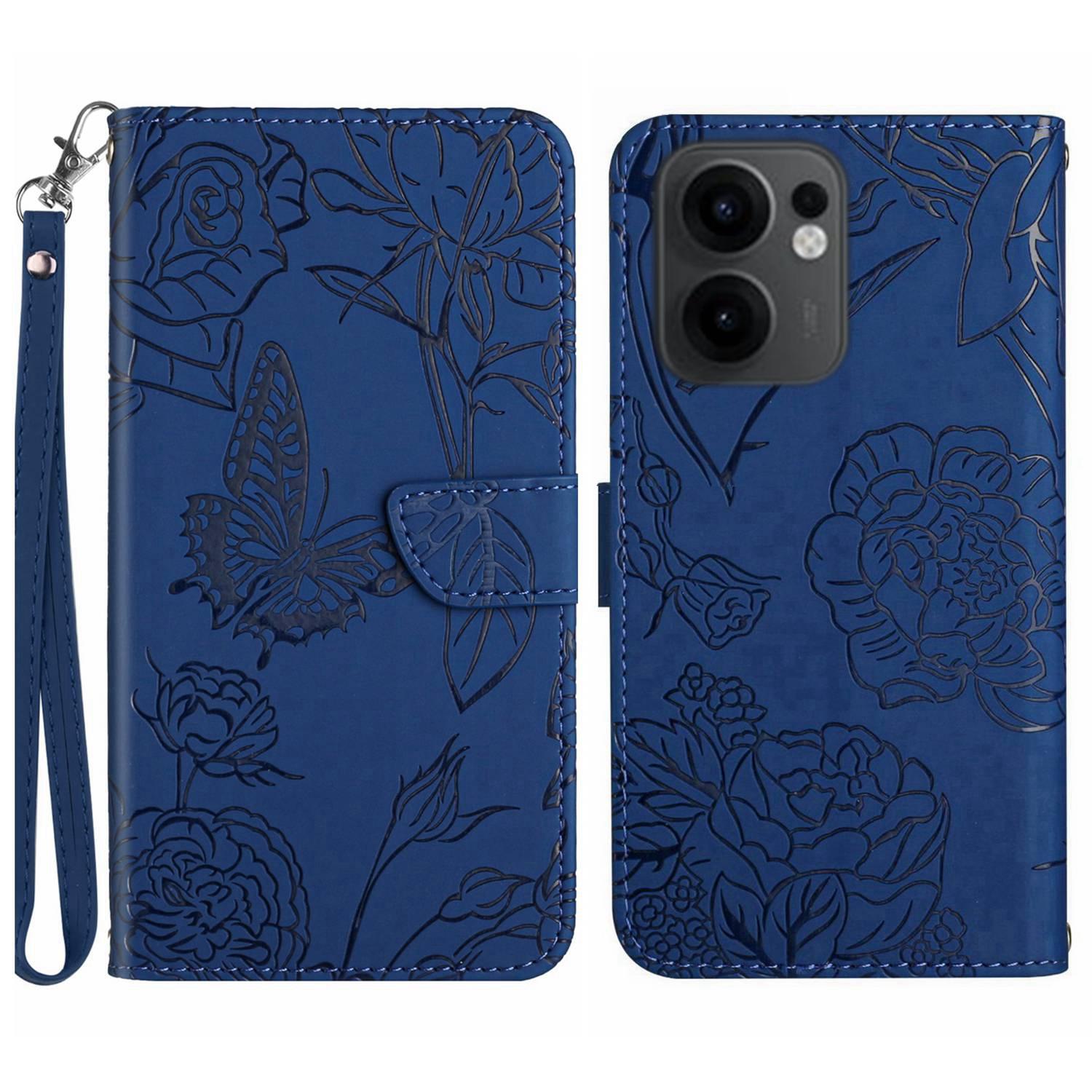 

For Oppo Reno13 F 4G/5G Case Butterfly Flower Imprinted Leather Phone Cover with Strap Blue
