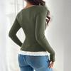 Women's Fashionable Round Neck Patchwork Lace Button Slim Fit Long Sleeved Pullover Top