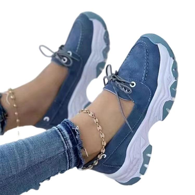 Large Size Women's Single Shoes Autumn and Winter New Round Head Thick Sole Low Top Lace-up Flat Bottom Casual Sports Shoes Women