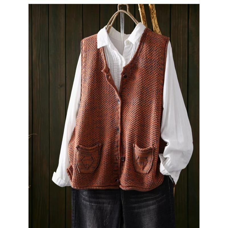 DIMANAF 2026 Autumn Winter New Plus Size Women Vintage Knitted Vest Coat Casual Sleeveless Button Pockets Sweater