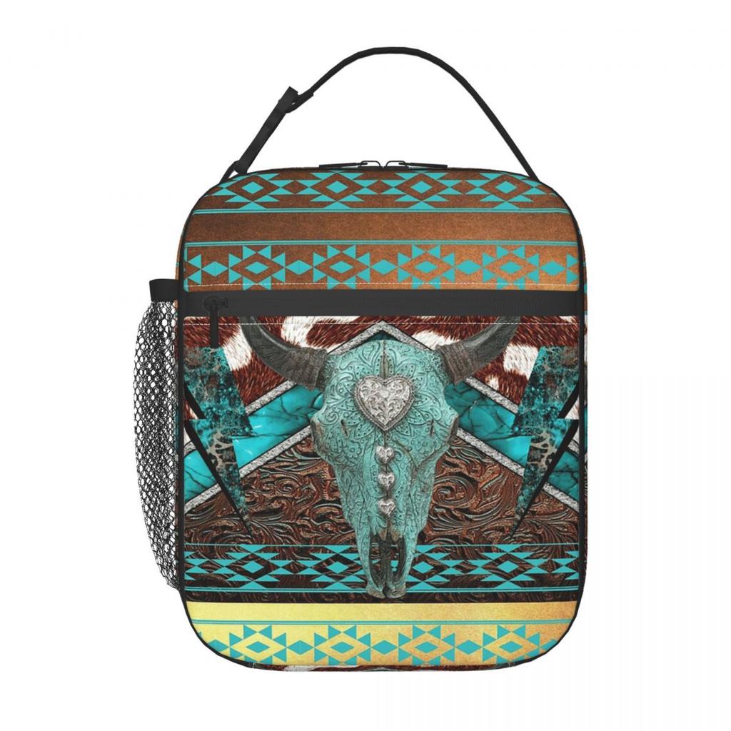 Tribal Bull Head Western Cowboy Insulated Lunch Bag for Women Cooler Thermal Food Box Tote Leakproof Lunch Boxes Container