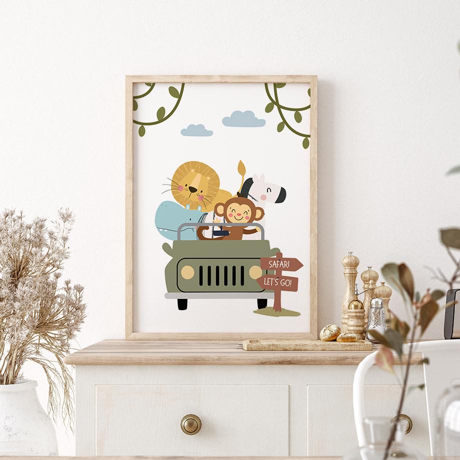 Cute Giraffe Elephant Lion Monkey Car Rainbow Wall Art Canvas Painting Cartoon Posters And Prints Pictures Baby Kids Room Decor