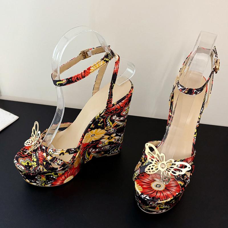 Liyke Fashion Design Metal Butterfly Open Toe Wedge Sandals For Women Flowers Cloth Platform High Heels Summer Party Dress Shoes