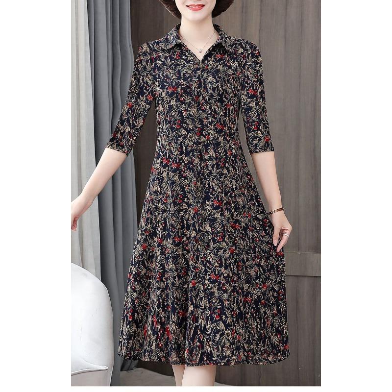 New Mother Suit Summer 7-quarter Sleeve Floral Dress Shirt Collar Mid-length Large Size Middle-aged Women's Clothing