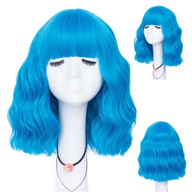 Kurze lockige blaue Bobo-Synthetik-Cosplay-Perücken für Frauen, Orange, Rot, Grün, natürliches hitzebeständiges Haar mit Pony für Mädchen