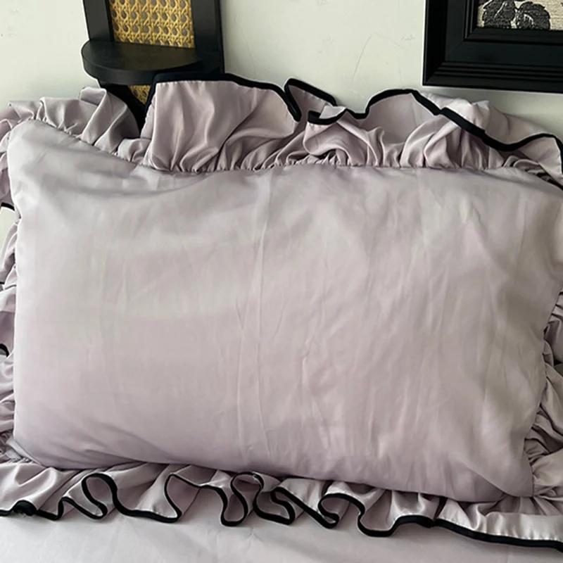 Four Piece Set of 180X220Cm Washed Ice Silky Bedding Korean Ruffled Quilt Cover for Bedroom Cooling Smooth Fitted Sheet Sets