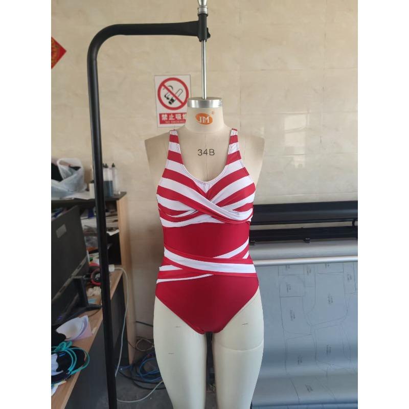 New one-piece swimsuit women's sexy black and white striped cross V-neck to cover the belly and look thin conservative vacation swimsuit