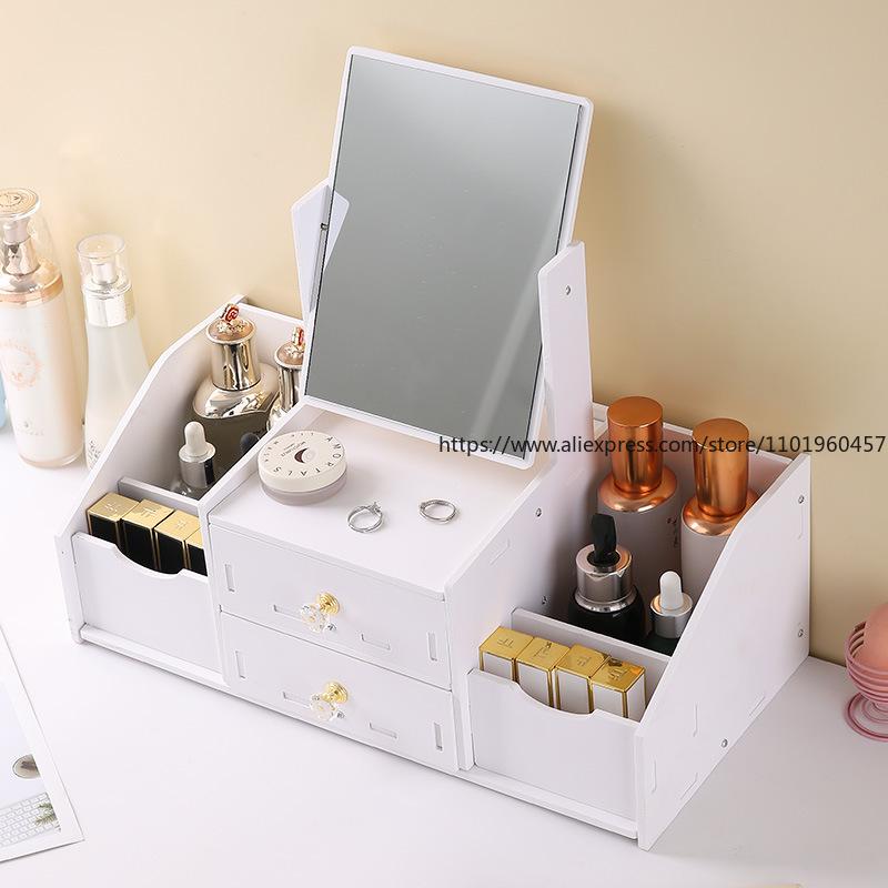 Desktop Drawer-Type Vanity Mirror Storage Box Round Makeup Mirror for Dressing Table Organizer for Jewelry Skincare Products