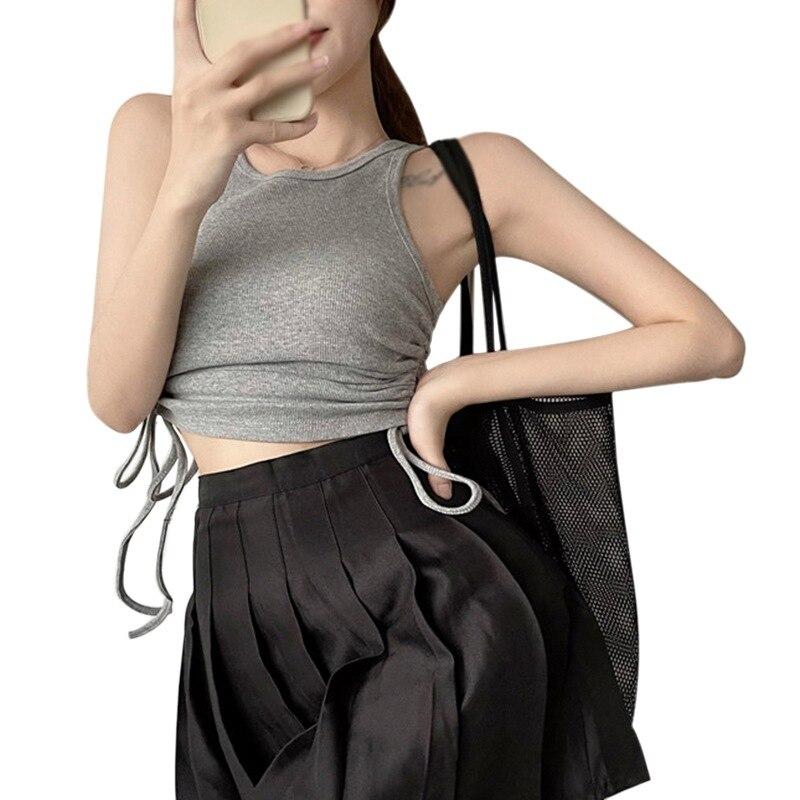 Tied With Pleated Strap Vest Female Summer Temperament Short Paragraph Lumbar Slim Tank Top