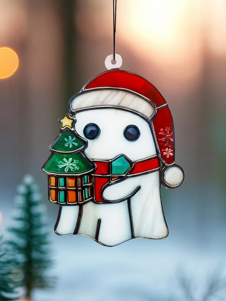 Christmas Halloween Ghost Hanging Ornament Cute Ghost Wearing Santa Hat & Holding Lantern Design Window Decor for Xmas Tree&Home