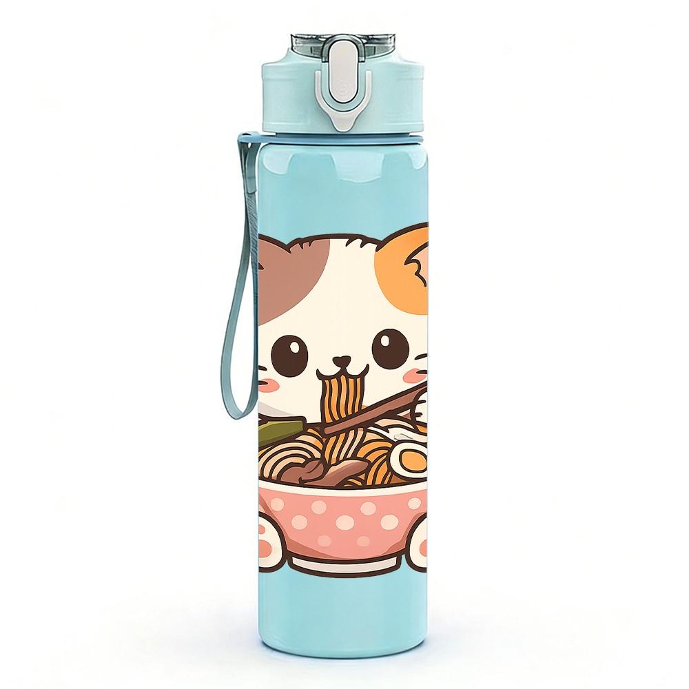 1PC Cat Eat Noodle Cute Cartoon Print 750ml Color Plastic Sports Water Bottle Leakproof Flip Straw Lid Suitable for Sports Office Home Use