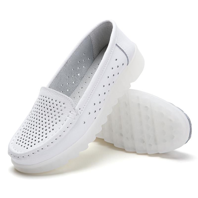 Casual Simple White Hollow Breathable Genuine Leather Flats Platform Loafers Shoes For Women