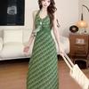 Summer new green floral beautiful Korean version of the holiday style temperament thin versatile print neck dress