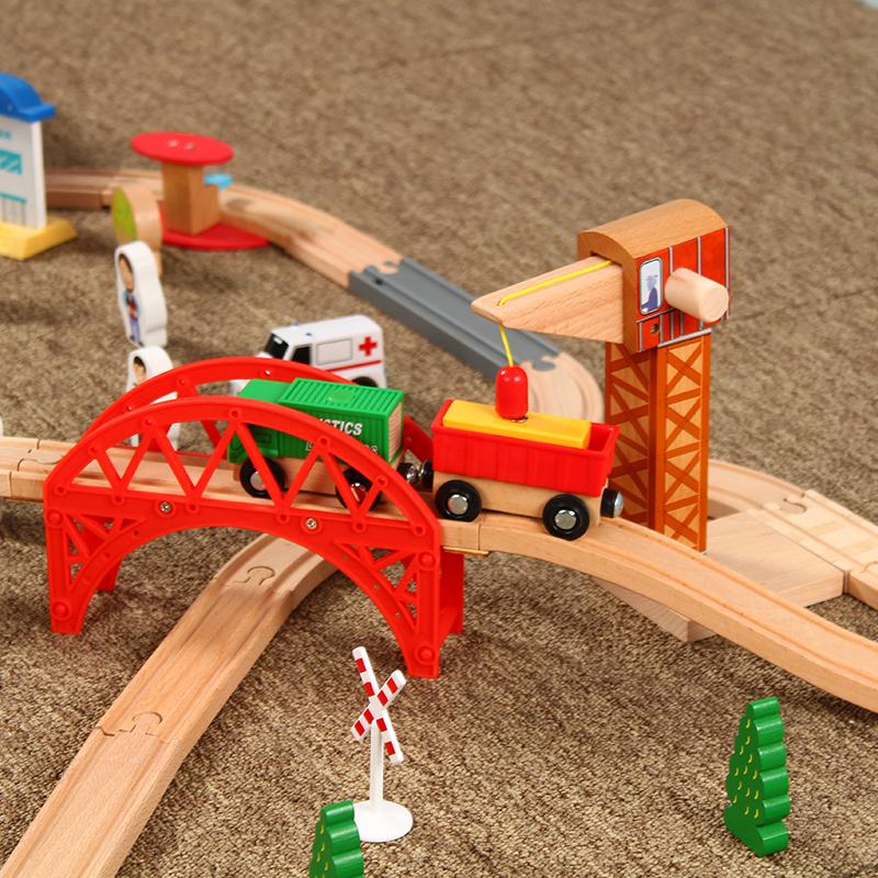 Wooden Track Set Big Scene Crane Cargo Transport Assembly Accessories Kids Toys Compatible Wooden Over Three Years Old
