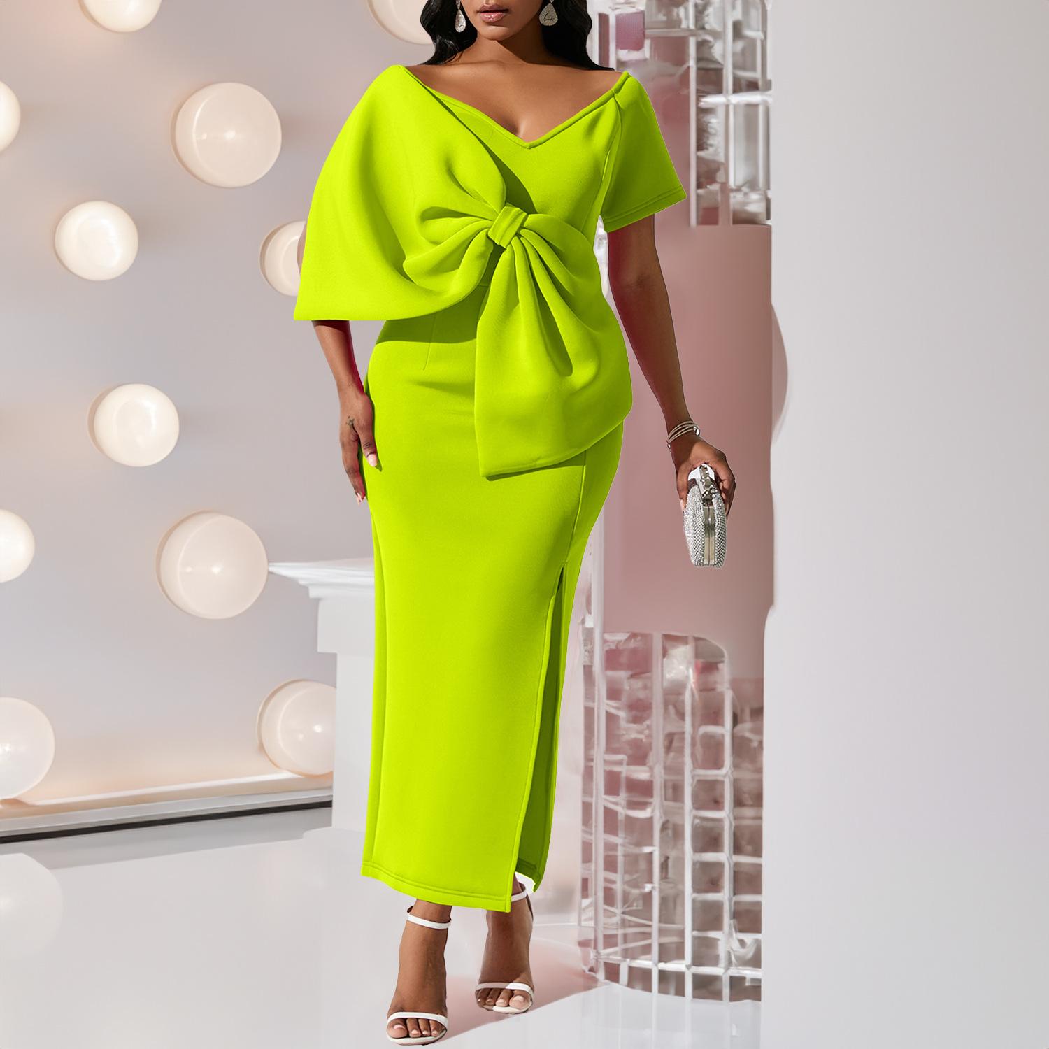 

FairyShely Летнее платье-клуб с коротким рукавом и бантом большого размера для женщин, однотонное, большие платья, женское, облегающее, облегающее, пышное платье S зелёный