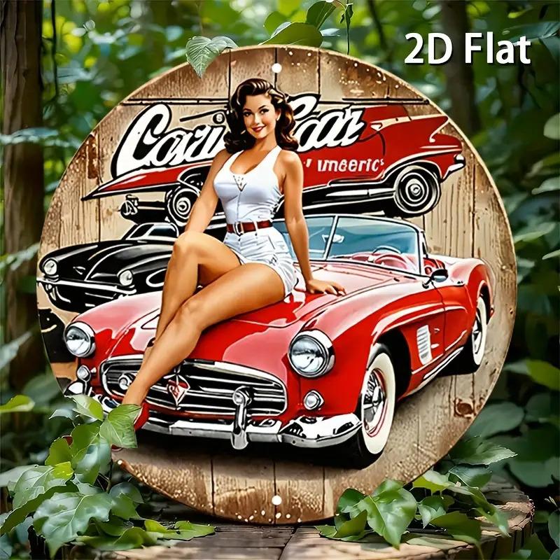 

Hisun Tin Sign Vintage Classic Car Pin Up Girl Retro Metal Tin Painting Rustic Distressed Red Convertible Automobile Round Wall Art Decor Ret 20x20cm