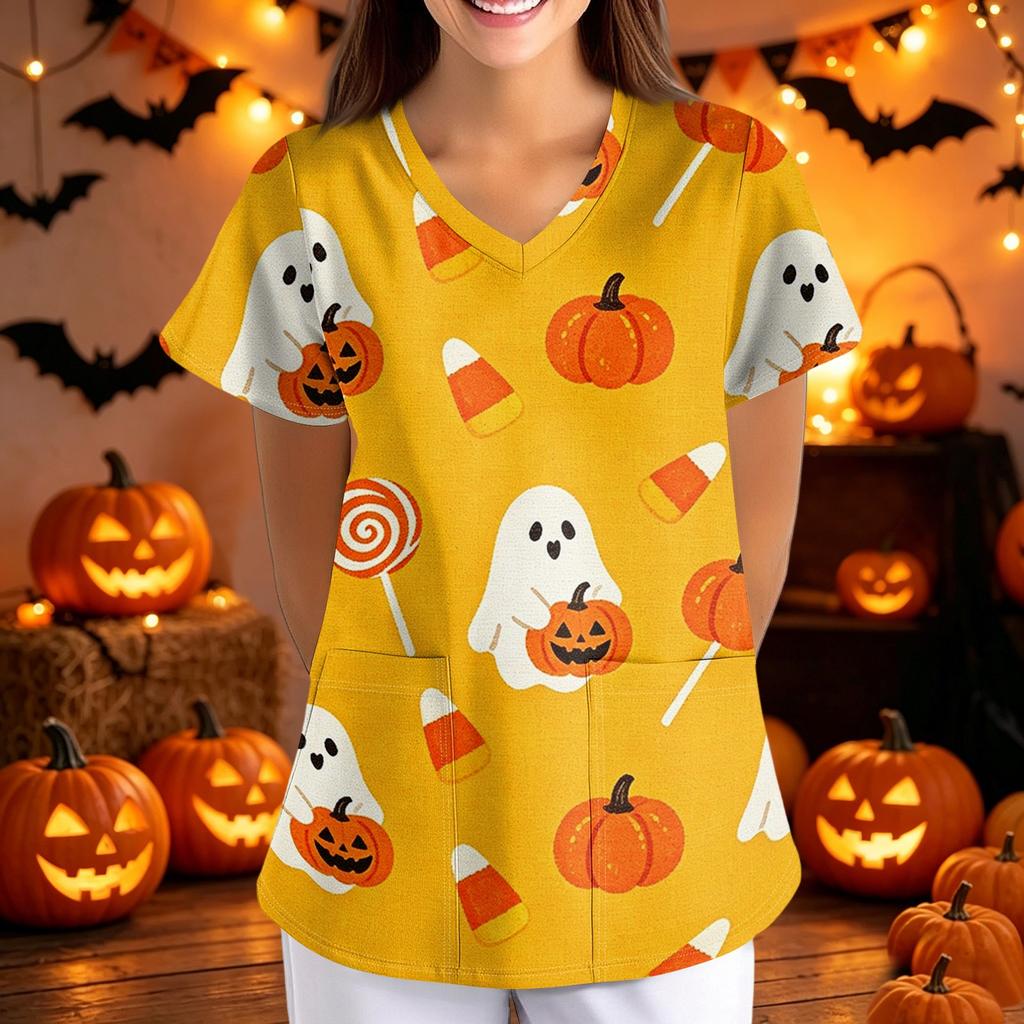 Loose Fit V Neck Short Sleeve Halloween Print Medical Scrub Top with Pockets for Women Comfortable Workwear for Healthcare Professionals