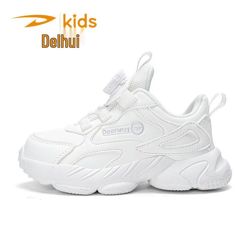 DELHU Kids' Spring/Autumn White Leather Sports Shoes - Boys & Girls Campus Sneakers, Little Black Shoes