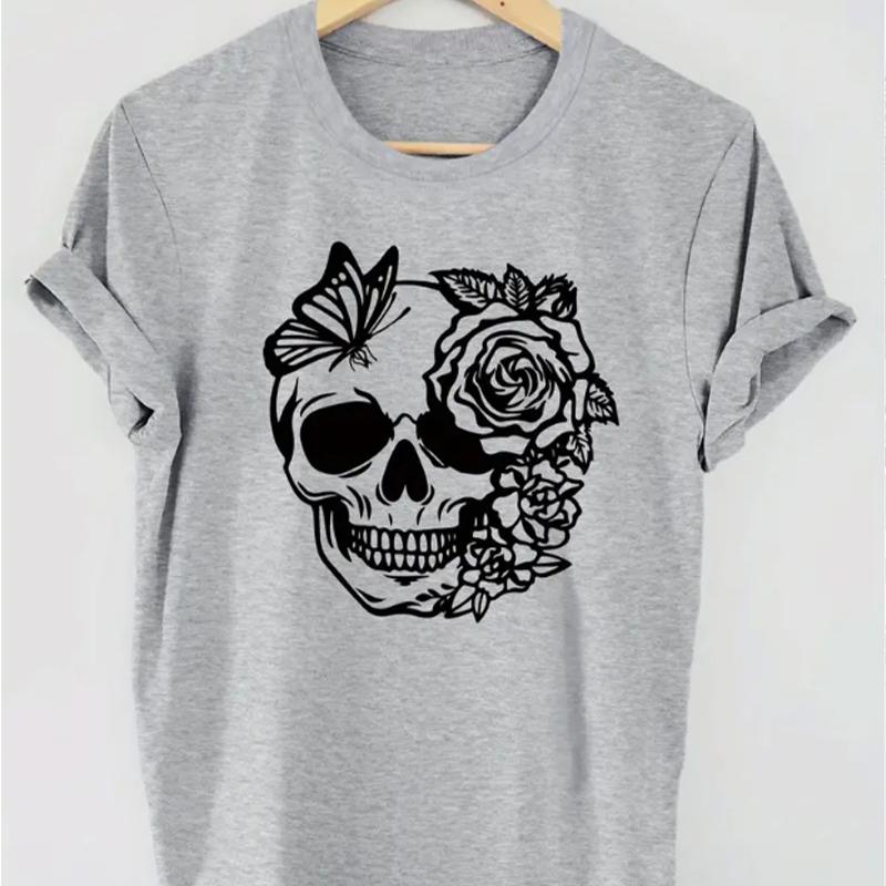 Fashion Women Skeleton Rose Lines Print T Shirt Funny Casual O-neck Short Sleeves T-shirt Summer Female Tee Shirt