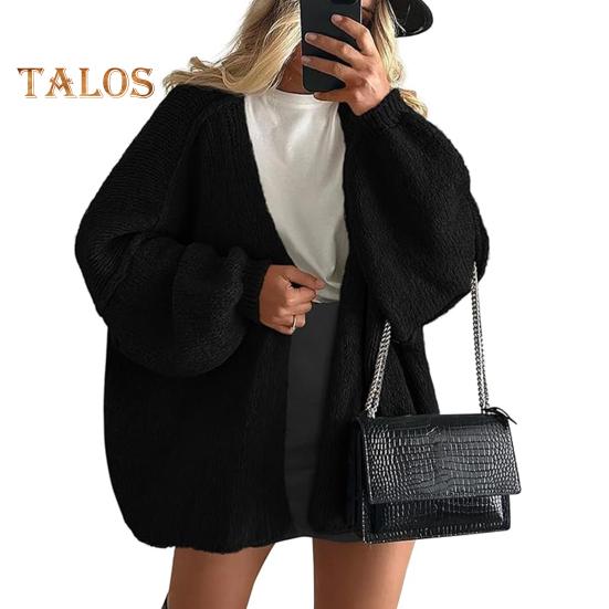 Cardigan feminino lanterna manga longa cor sólida oversized malha cardigan frente aberta leve suéter outwear