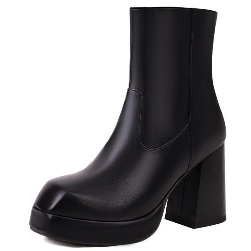 Mode 2024 Neue Damen Stiefeletten Plateau Weiß Schwarz Hohe Absätze Kurzer Stiefel Damen Herbst Winter Partyschuhe Damen Große Größe 45