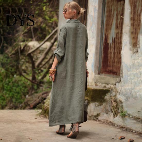 Spring Long Dress Summer Maxi Loose Turn-down Collar Sleeves Pure Color Casual Solid Single-breasted Cardigan OL Commute Daily Wear Women Lightweight