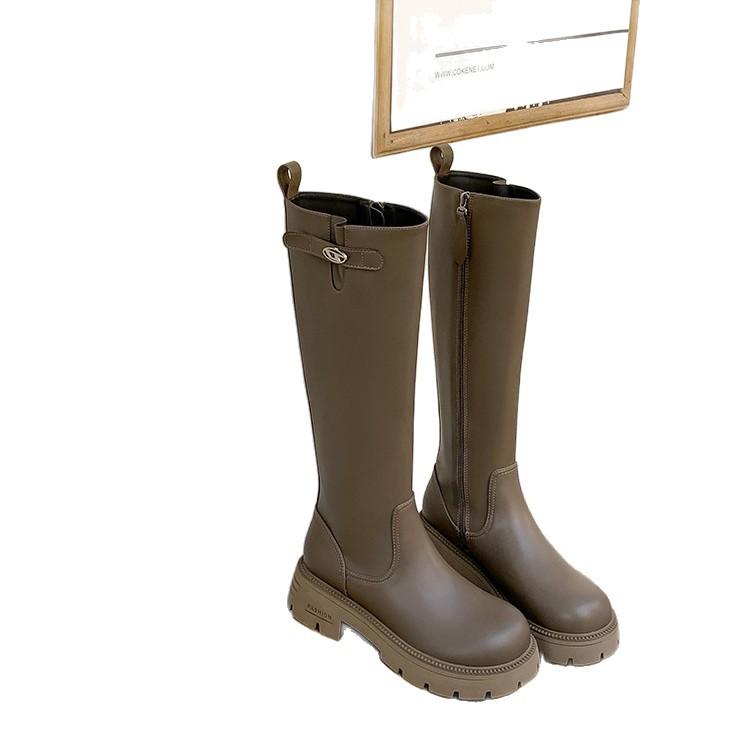 Round head small gold buckle thick-soled versatile side zipper knight boots 2025 new temperament thin oblique thick heel boots