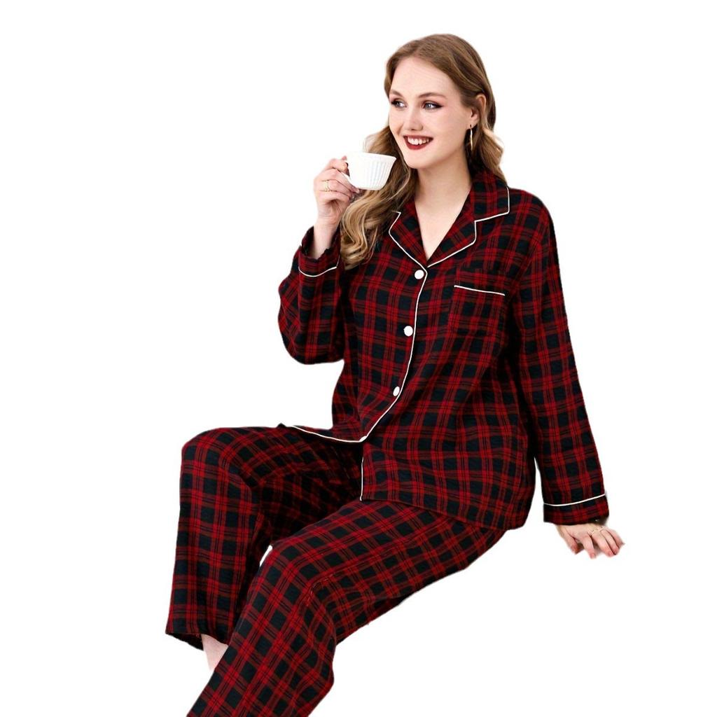 Red and black plaid pure cotton pajamas women's autumn and winter long-sleeved trousers loose large-size loungewear set