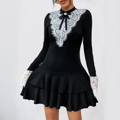 New Autumn Lace Bow Splicing Contrasting Color Celebrity French Party Dress Elegant Slim Dress