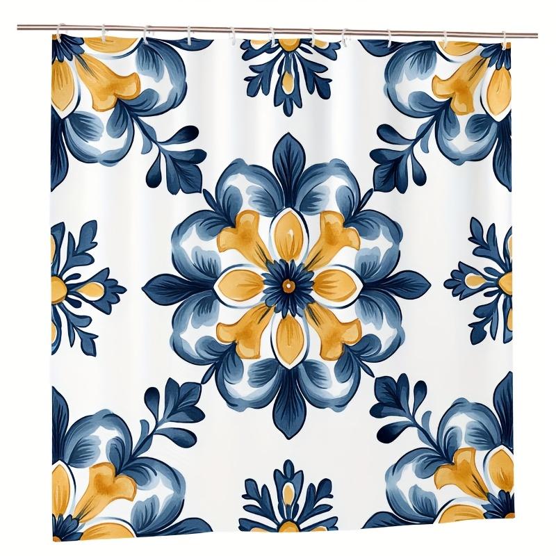 Blue Mustard Yellow Flat Pattern Shower Curtain 70.8"X70.8", Durable Polyester, Easy Clean, For Bathroom/Bathtub/Window Decor