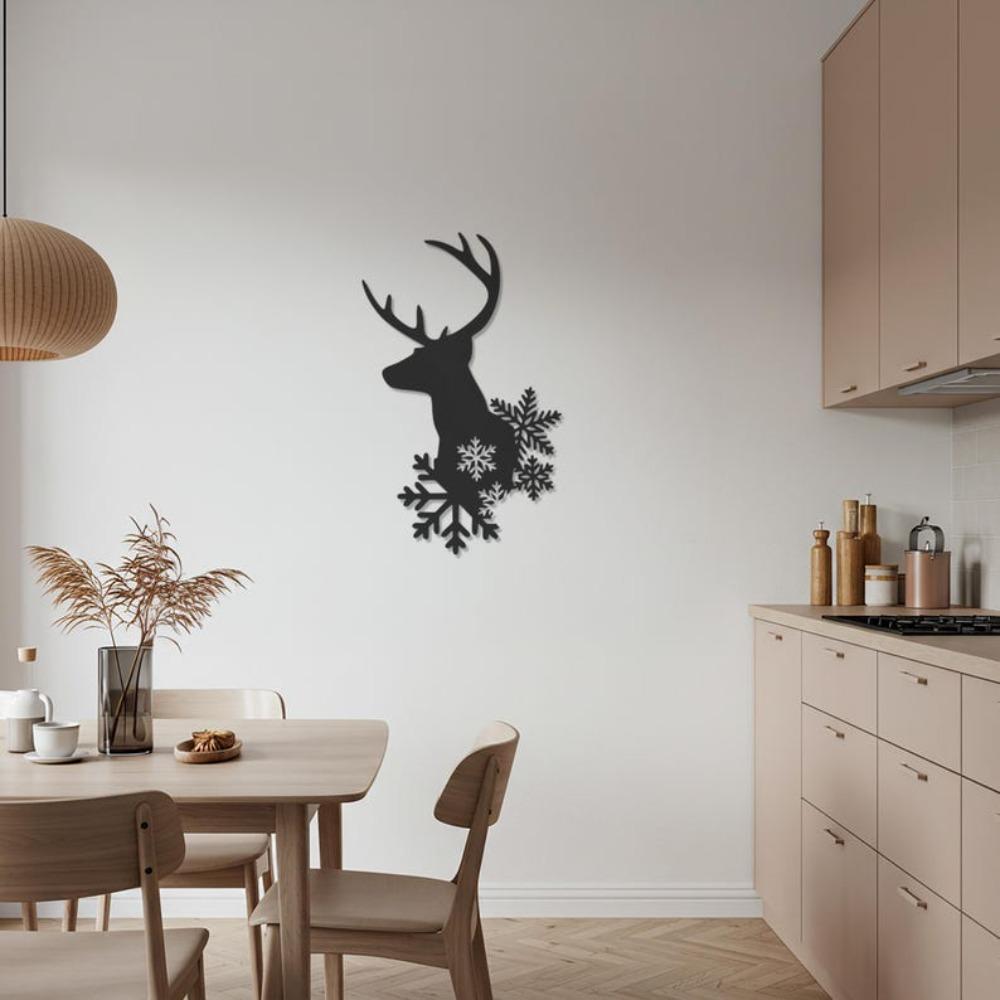 Black Steel Reindeer Head Wall Art, Nordic Christmas Snowflake Home Decor, Minimalist Metal Animal Silhouette