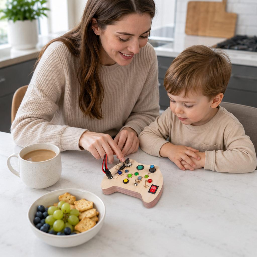Wooden Busy Board with Switches and LED Lights for Fine Motor Skill Development Toddler Educational Toy for Ages 1 to 4 Years Old