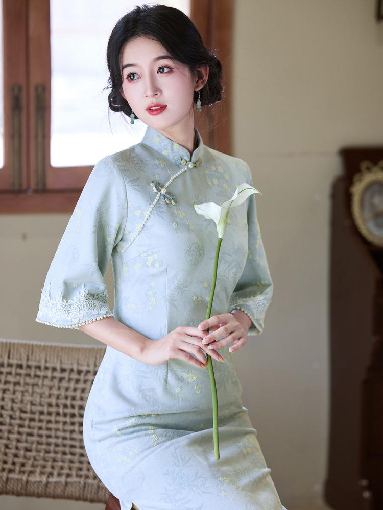 Bei Zhi Yun Blue Inverted Large Sleeve Suede Cheongsam - 2025 Autumn Collection