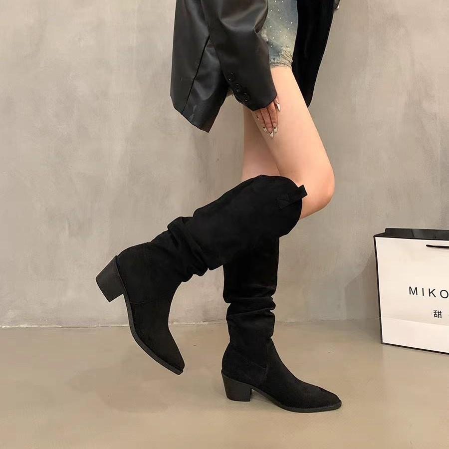 Thick Heel Vintage Brown V-Hole, Pile Medium Boots Women's Shoes 2025 Autumn Pointed Western Cowboy Boots