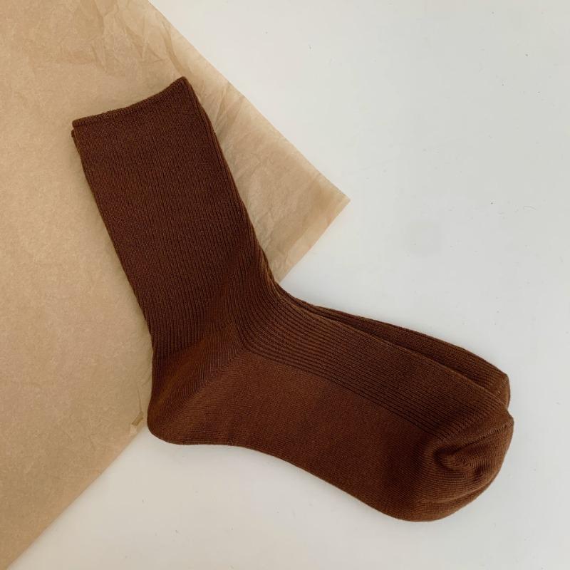 Bomull Ensfarvede Sokker for Kvinner, Høst Tynne Tynne Stripete Frotte-sokker for Kvinner, Midt-legg Sokker