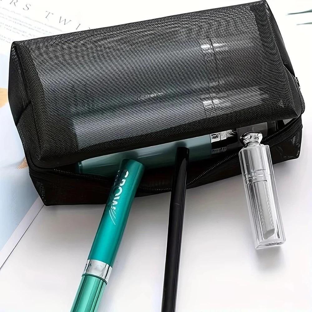 New Black Mesh Cosmetic Bag Zipper Closure Portable Toiletry Bag Clear Mesh Multi-functional Storage Pouch Travel Use